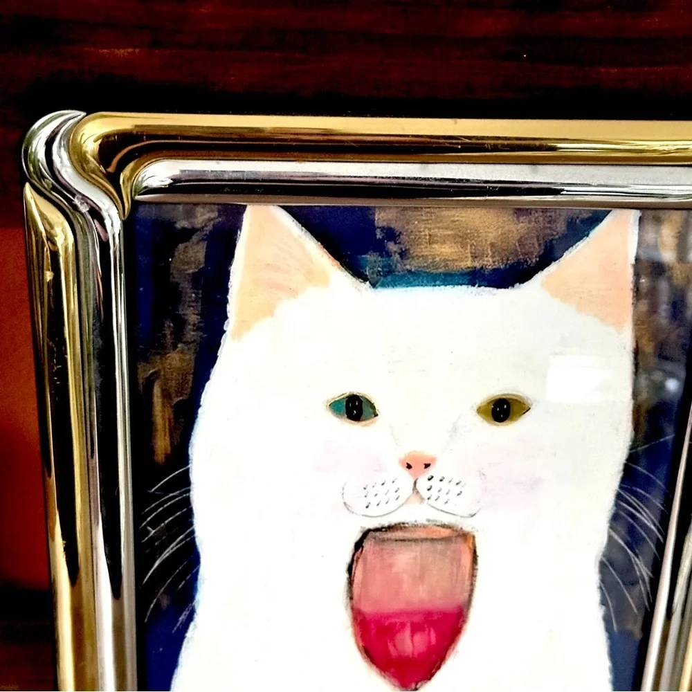 Red Wine Drinking White Cat Quirky Canvas Print Wall Art Vintage Brass Framed
